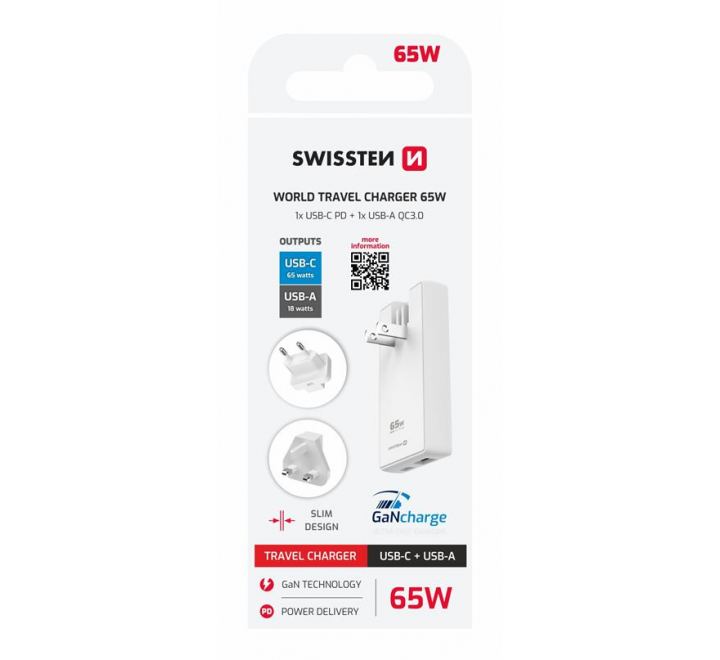 SWISSTEN CESTOVNÍ ADAPTÉR GaN USB-C + USB-A 65W VYMĚNNÉ VIDLICE (US, EU, UK) BÍLÝ