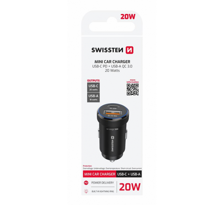 SWISSTEN CL ADAPTÉR PD USB-C PD + USB-A, 20W ČERNÝ 