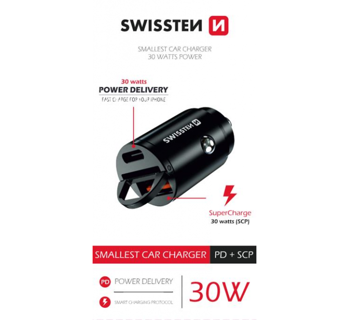 SWISSTEN CL ADAPTÉR POWER DELIVERY USB-C + SUPER CHARGE 3.0 30W NANO ČERNÝ