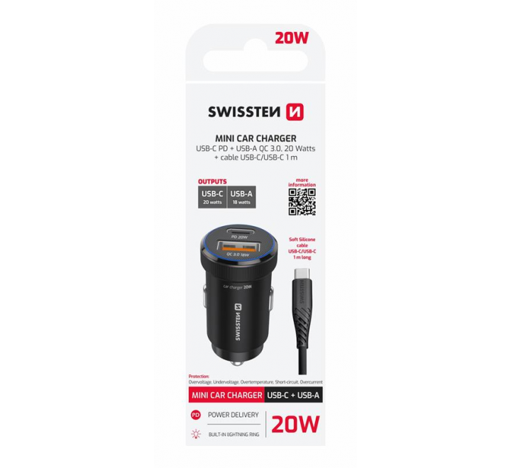 SWISSTEN CL ADAPTÉR USB-C PD + USB-A, 20W ČERNÝ + KABEL USB-C / USB-C, 1 M