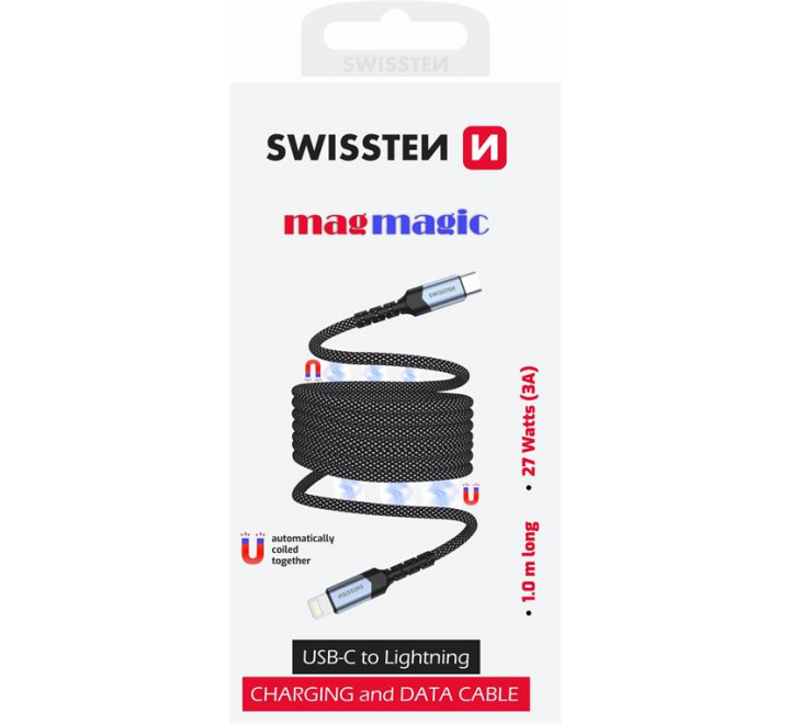 SWISSTEN MAGNETICKÝ DATOVÝ KABEL SAMONAVÍJECÍ USB-C / LIGHTNING 1 M