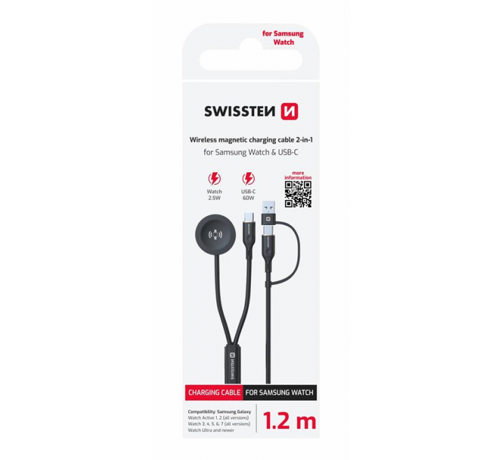 SWISSTEN MAGNETICKÝ KABEL 2v1 PRO SAMSUNG GALAXY WATCH A USB-C, USB-C (USB-A) 1.2 M ČERNÝ