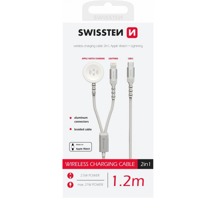 SWISSTEN OPLETENÝ MAGNETICKÝ KABEL 2v1 PRO APPLE WATCH A LIGHTNING, USB-C 1.2 M BÍLÝ