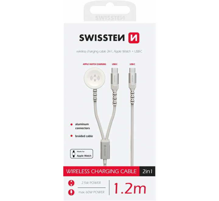 SWISSTEN OPLETENÝ MAGNETICKÝ KABEL 2v1 PRO APPLE WATCH A USB-C, USB-C 1.2 M BÍLÝ