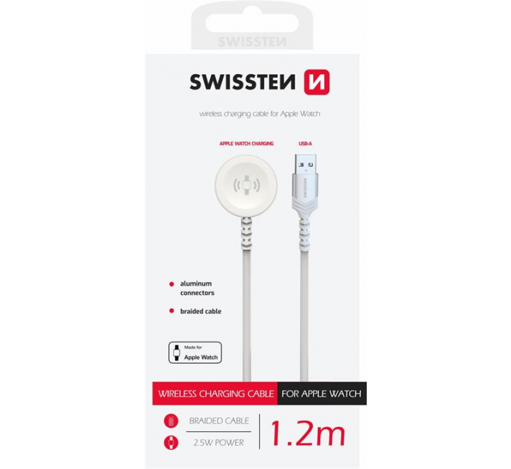 SWISSTEN OPLETENÝ MAGNETICKÝ KABEL PRO APPLE WATCH KOVOVÝ, USB-A 1.2 M BÍLÝ