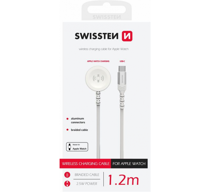 SWISSTEN OPLETENÝ MAGNETICKÝ KABEL PRO APPLE WATCH KOVOVÝ, USB-C 1.2 M BÍLÝ