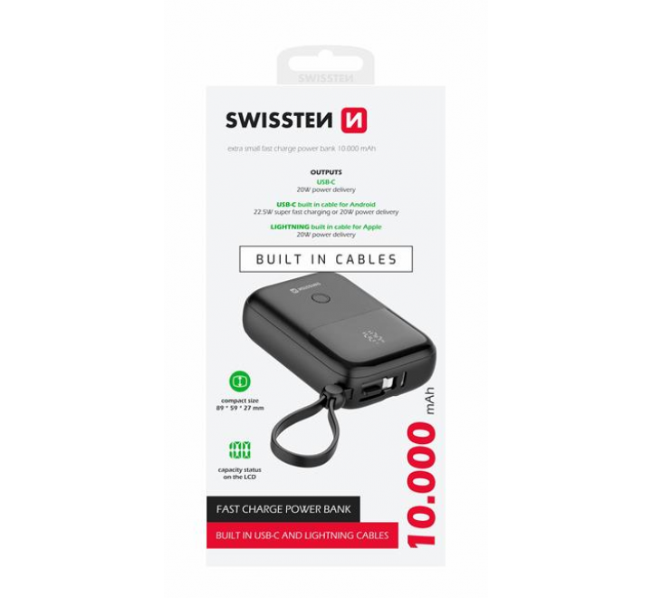 SWISSTEN POWER BANK 10000 mAh 22,5W S INTEGROVANÝMI KABELY  USB-C A LIGHTNING