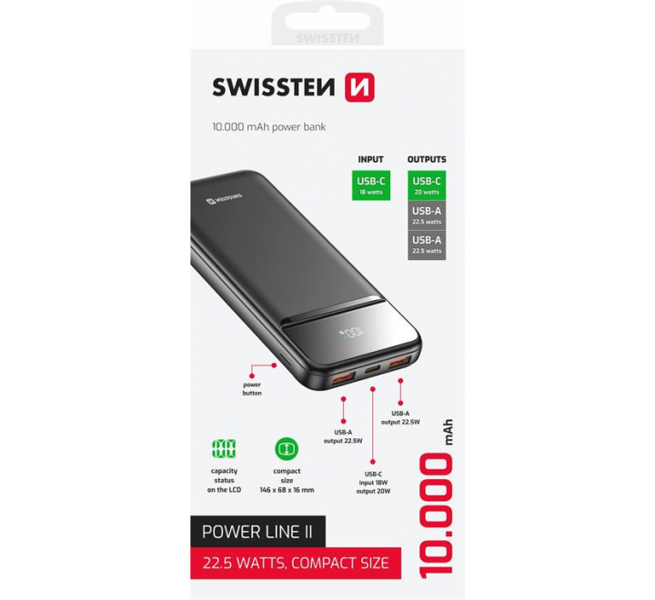 SWISSTEN POWER BANK 10000 mAh POWER LINE II ČERNÁ