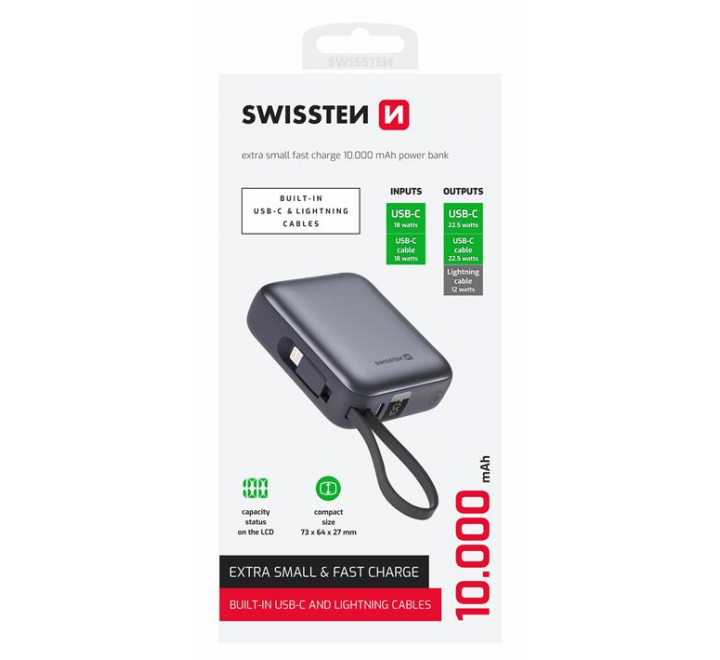 SWISSTEN POWER BANK 10000 mAh S INTEGROVANÝMI KABELY  USB-C A LIGHTNING VESMÍRNĚ STŘÍBRNÁ