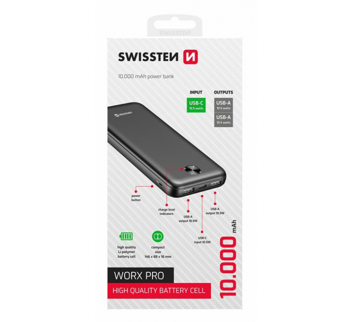 SWISSTEN POWER BANK 10000 mAh WORX PRO ČERNÁ
