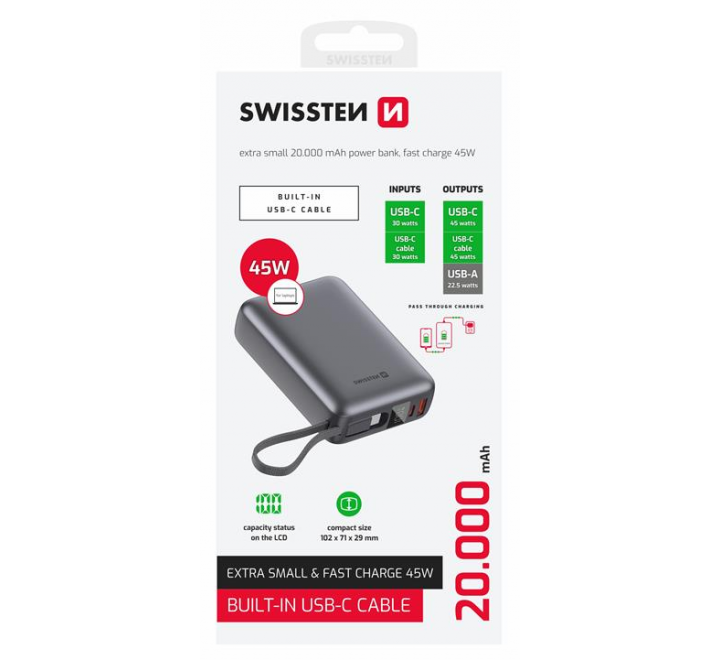 SWISSTEN POWER BANK 20000 mAh 45W S INTEGROVANÝM KABELEM USB-C VESMÍRNĚ STŘÍBRNÁ 