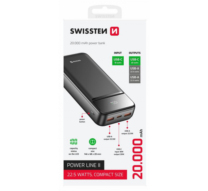 SWISSTEN POWER BANK 20000 mAh POWER LINE II ČERNÁ