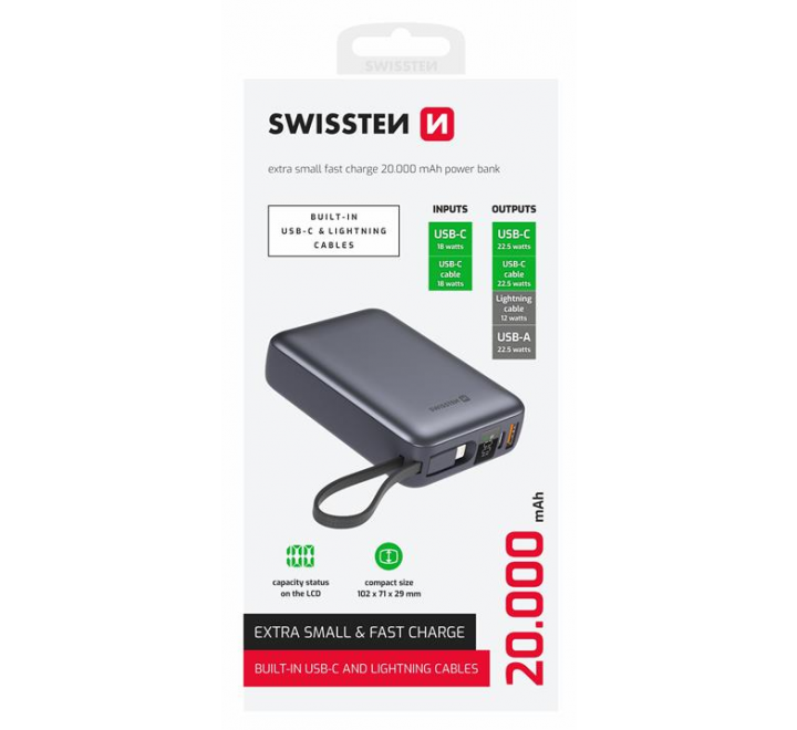 SWISSTEN POWER BANK 20000 mAh S INTEGROVANÝMI KABELY  USB-C A LIGHTNING VESMÍRNĚ STŘÍBRNÁ
