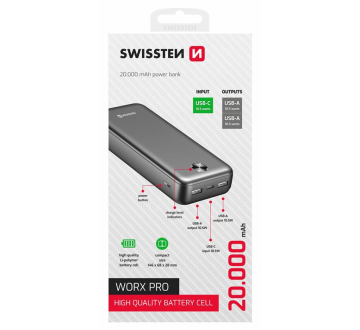 SWISSTEN POWER BANK 20000 mAh WORX PRO ČERNÁ