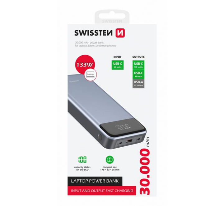 SWISSTEN POWER BANK 30000 mAh 133W POWER DELIVERY GREY 