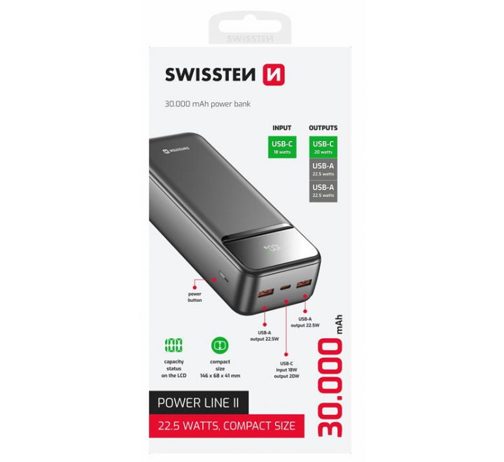 SWISSTEN POWER BANK 30000 mAh POWER LINE II ČERNÁ