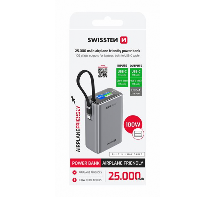 SWISSTEN POWER BANK CESTOVNÍ 25000 mAh (96.25Wh) 100W S INTEGROVANÝM KABELEM USB-C ŠEDÁ