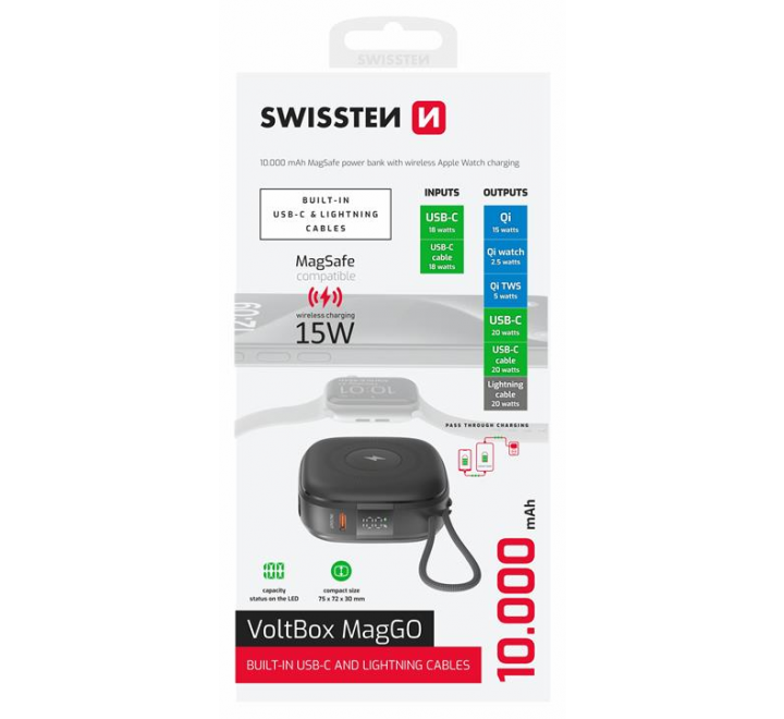 SWISSTEN POWER BANK VOLTBOX MagGO 10000 mAh S INTEGROVANÝMI KABELY + MAGSAFE + APPLE WATCH