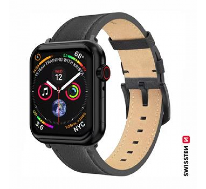 SWISSTEN ŘEMÍNEK PRO APPLE WATCH KOŽENÝ 42 / 44 / 45 / 49 mm ČERNÝ (černá spona a černé poutko)