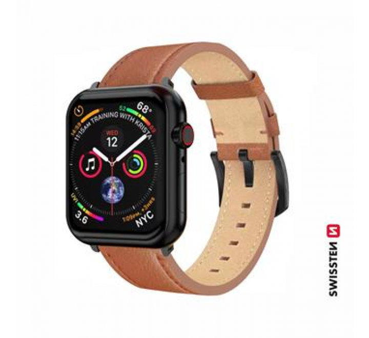 SWISSTEN ŘEMÍNEK PRO APPLE WATCH KOŽENÝ 42 / 44 / 45 / 49 mm HNĚDÝ (černá spona a černé poutko)