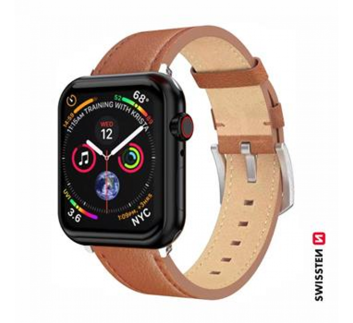 SWISSTEN ŘEMÍNEK PRO APPLE WATCH KOŽENÝ 42 / 44 / 45 / 49 mm HNĚDÝ (stříbrná spona a stříbrné poutko)