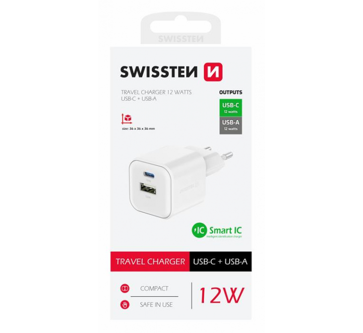 SWISSTEN SÍŤOVÝ ADAPTÉR 12W 1x USB-C + 1x USB-A  BÍLÝ