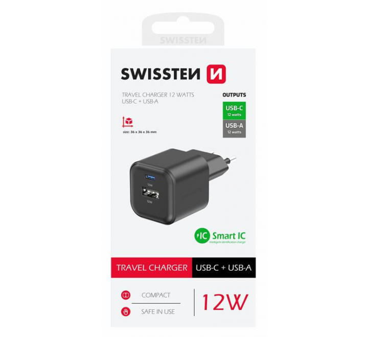 SWISSTEN SÍŤOVÝ ADAPTÉR 12W 1x USB-C + 1x USB-A  ČERNÝ
