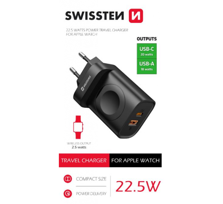 SWISSTEN SÍŤOVÝ ADAPTÉR 1xUSB-A, 1xUSB-C a  iWatch