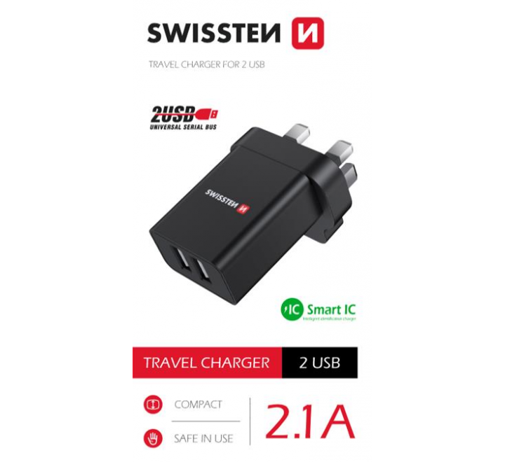 SWISSTEN SÍŤOVÝ ADAPTÉR 2x USB 10,5W pro UK zásuvku ČERNÝ
