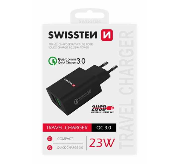 SWISSTEN SÍŤOVÝ ADAPTÉR 2x USB QC 3.0 + USB, 23W ČERNÝ