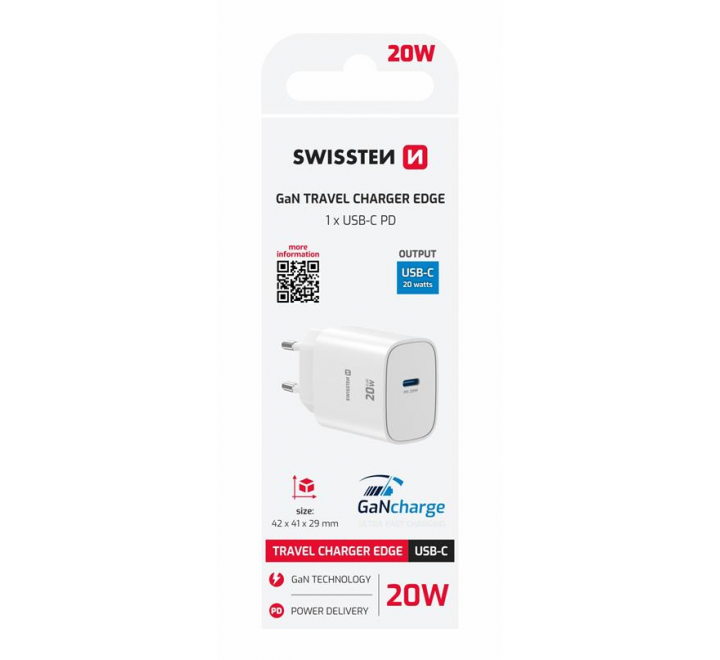 SWISSTEN SÍŤOVÝ ADAPTÉR EDGE GaN 1x USB-C PD 20W BÍLÝ