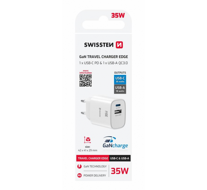 SWISSTEN SÍŤOVÝ ADAPTÉR EDGE GaN 1x USB-C PD 35W + 1x USB-A 18W QC BÍLÝ