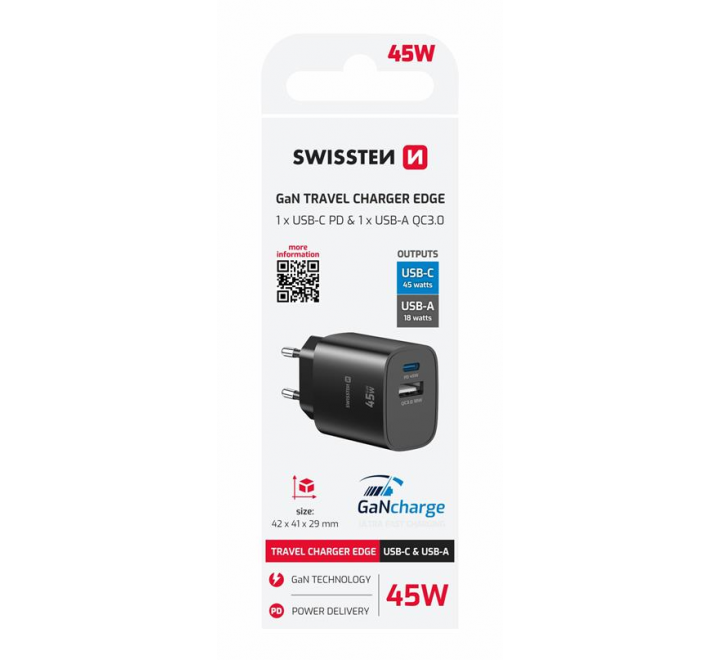 SWISSTEN SÍŤOVÝ ADAPTÉR EDGE GaN 1x USB-C PD 45W + 1x USB-A 18W QC ČERNÝ