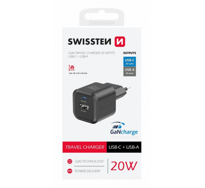 SWISSTEN SÍŤOVÝ ADAPTÉR GaN 1x USB-C 20W PD + 1x USB-A 18W QC ČERNÝ