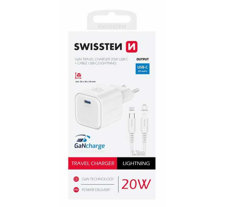 SWISSTEN SÍŤOVÝ ADAPTÉR GaN 1x USB-C 20W POWER DELIVERY BÍLÝ + DATOVÝ KABEL USB-C/LIGHTNING 1,2 M BÍLÝ
