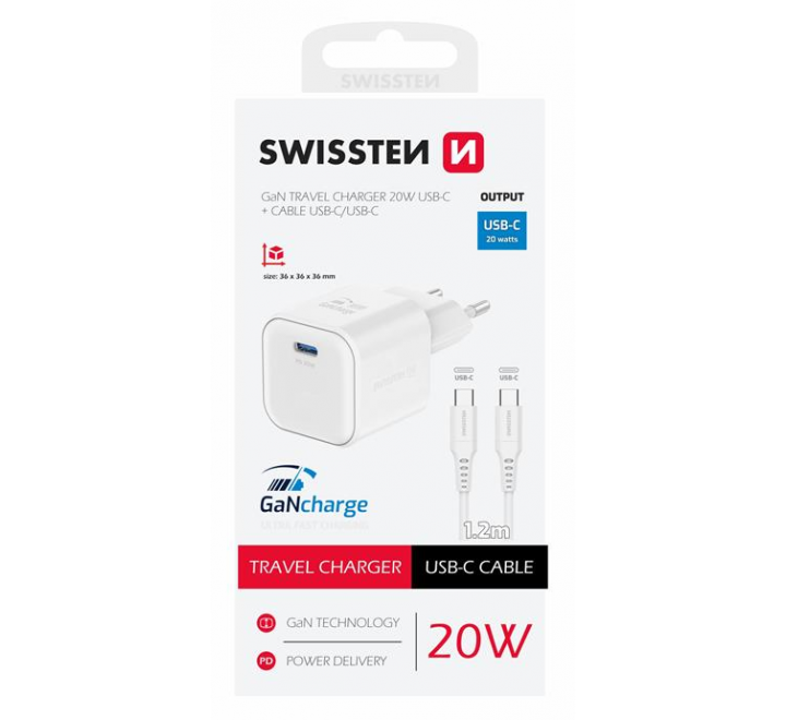 SWISSTEN SÍŤOVÝ ADAPTÉR GaN 1x USB-C 20W POWER DELIVERY BÍLÝ + DATOVÝ KABEL USB-C/USB-C 1,2 M BÍLÝ