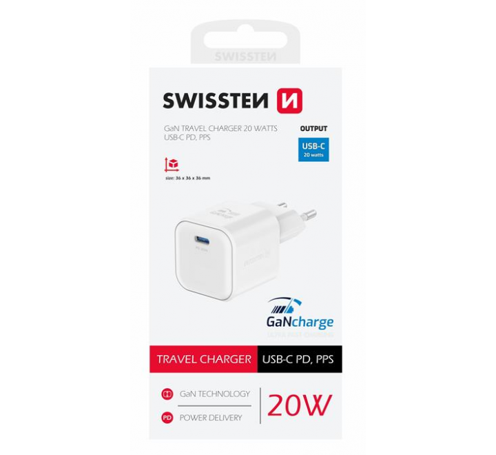 SWISSTEN SÍŤOVÝ ADAPTÉR GaN 1x USB-C 20W POWER DELIVERY BÍLÝ