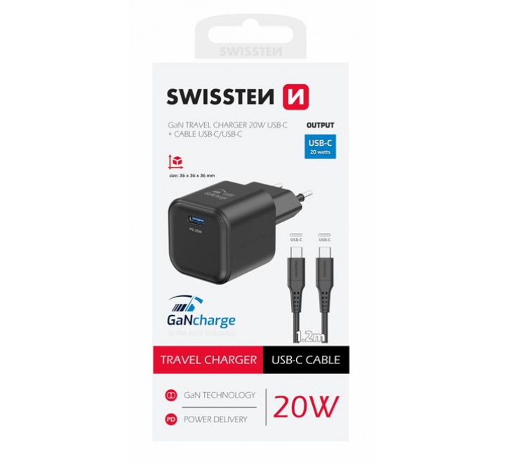 SWISSTEN SÍŤOVÝ ADAPTÉR GaN 1x USB-C 20W POWER DELIVERY ČERNÝ + DATOVÝ KABEL USB-C/USB-C 1,2 M ČERNÝ