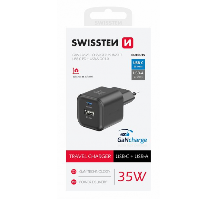 SWISSTEN SÍŤOVÝ ADAPTÉR GaN 1x USB-C 35W PD + 1x USB-A 27W QC ČERNÝ