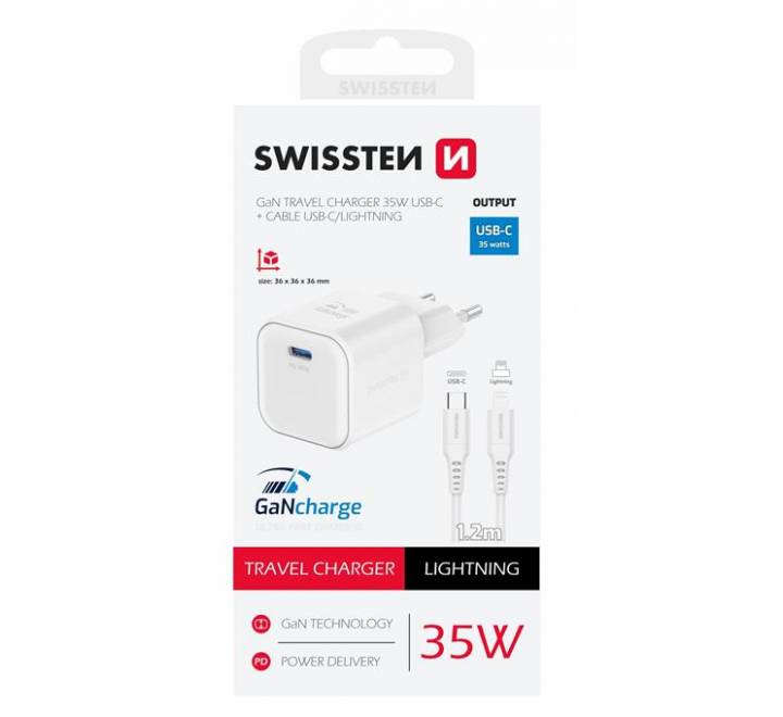SWISSTEN SÍŤOVÝ ADAPTÉR GaN 1x USB-C 35W POWER DELIVERY BÍLÝ + DATOVÝ KABEL USB-C/LIGHTNING 1,2 M BÍLÝ