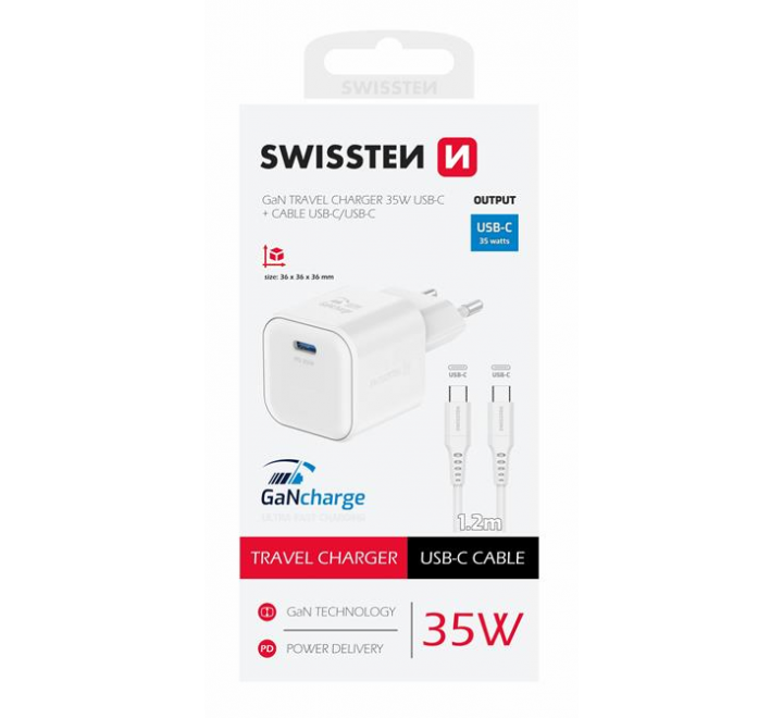 SWISSTEN SÍŤOVÝ ADAPTÉR GaN 1x USB-C 35W POWER DELIVERY BÍLÝ + DATOVÝ KABEL USB-C/USB-C 1,2 M BÍLÝ