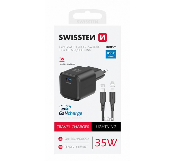SWISSTEN SÍŤOVÝ ADAPTÉR GaN 1x USB-C 35W POWER DELIVERY ČERNÝ + DATOVÝ KABEL USB-C/LIGHTNING 1,2 M ČERNÝ