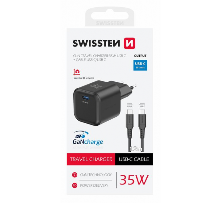 SWISSTEN SÍŤOVÝ ADAPTÉR GaN 1x USB-C 35W POWER DELIVERY ČERNÝ + DATOVÝ KABEL USB-C/USB-C 1,2 M ČERNÝ