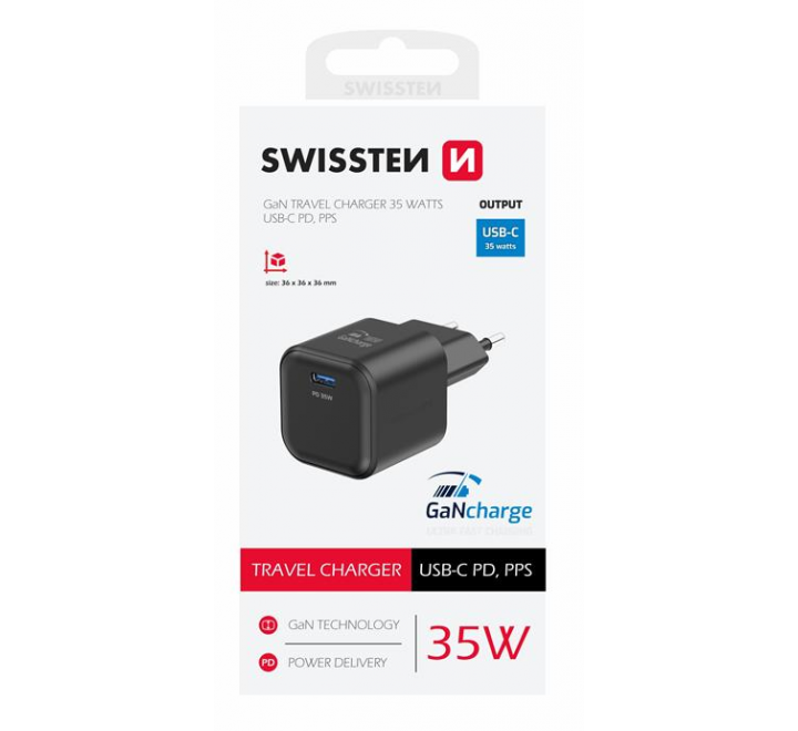 SWISSTEN SÍŤOVÝ ADAPTÉR GaN 1x USB-C 35W POWER DELIVERY ČERNÝ