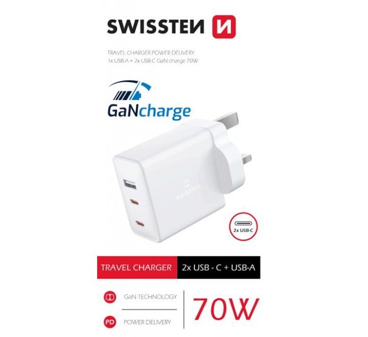 SWISSTEN SÍŤOVÝ ADAPTÉR GaN 2x USB-C + 1x USB 70W pro UK zásuvku