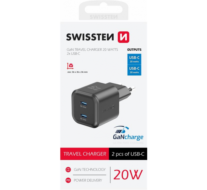 SWISSTEN SÍŤOVÝ ADAPTÉR GaN 2x USB-C 20W POWER DELIVERY ČERNÝ