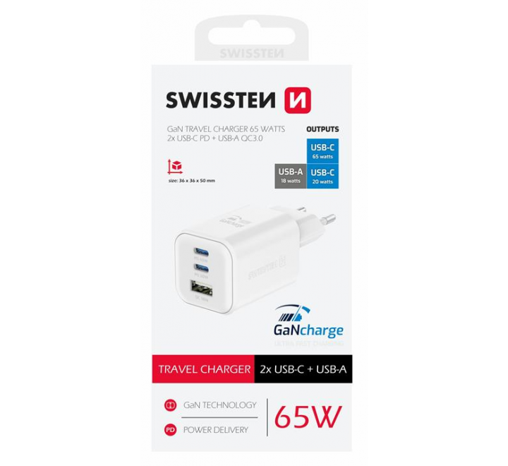 SWISSTEN SÍŤOVÝ ADAPTÉR GaN 2x USB-C 65W PD + 1x USB-A 18W QC BÍLÝ