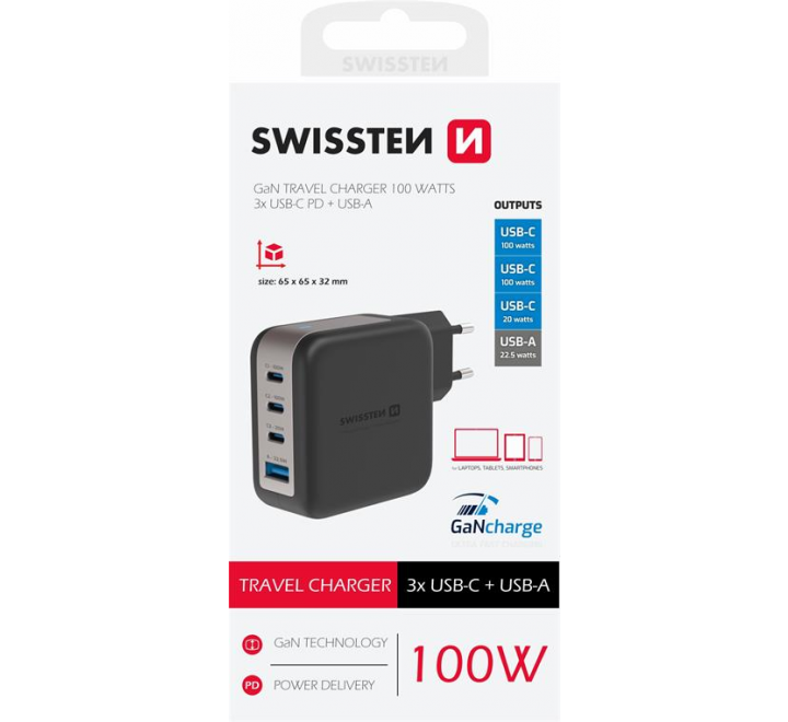SWISSTEN SÍŤOVÝ ADAPTÉR GaN 3x USB-C 100W PD + 1x USB-A 18W QC ČERNÝ