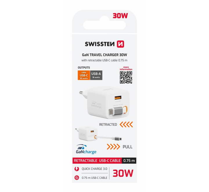 SWISSTEN SÍŤOVÝ ADAPTÉR SlideCHARGE GaN 30W, 1x USB-A 18W SE ZATAHOVACÍM USB-C KABELEM 0.75 M BÍLÝ