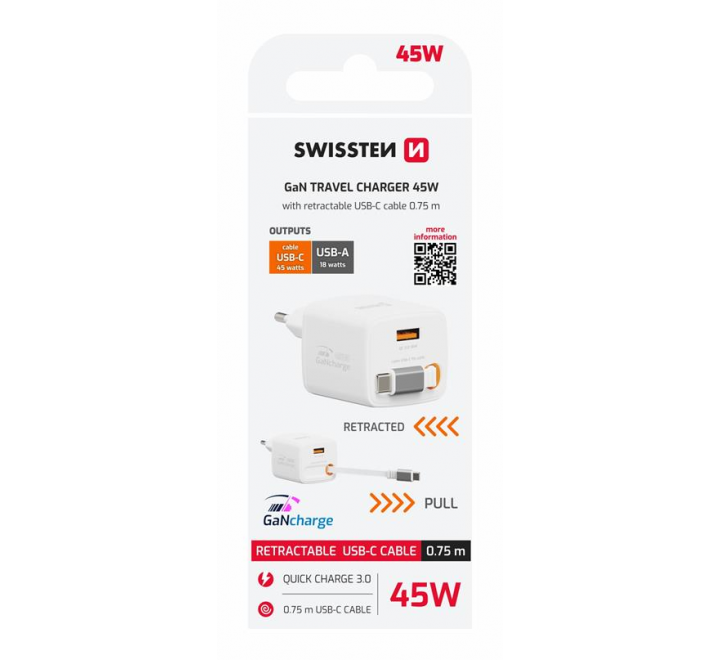 SWISSTEN SÍŤOVÝ ADAPTÉR SlideCHARGE GaN 45W, 1x USB-A 18W SE ZATAHOVACÍM USB-C KABELEM 0.75 M BÍLÝ